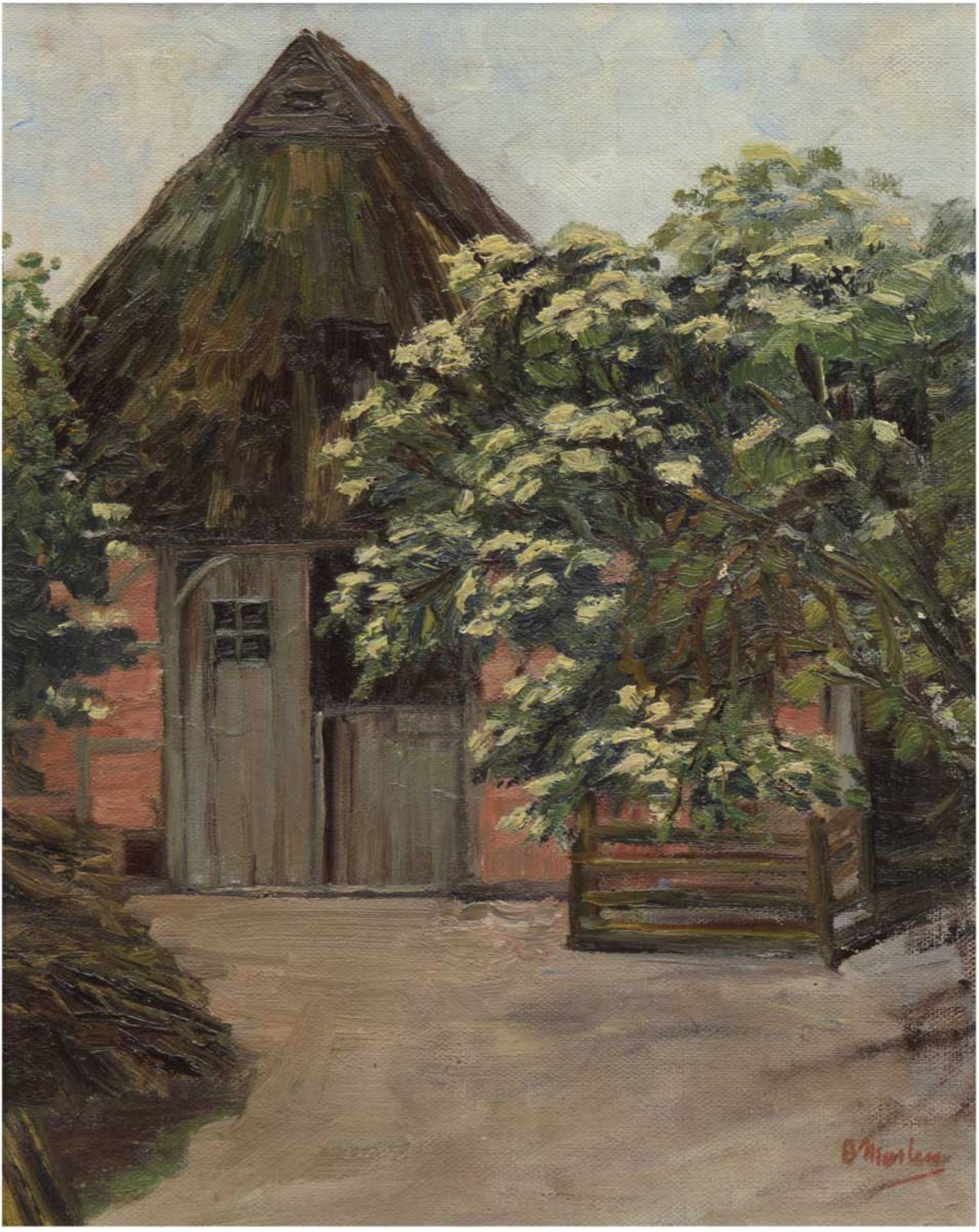 Maler 1. Hälfte 20. Jh.  "Bauernhaus hinter blühenden Bäumen", Öl/Hf., unleserl. signiert (B.