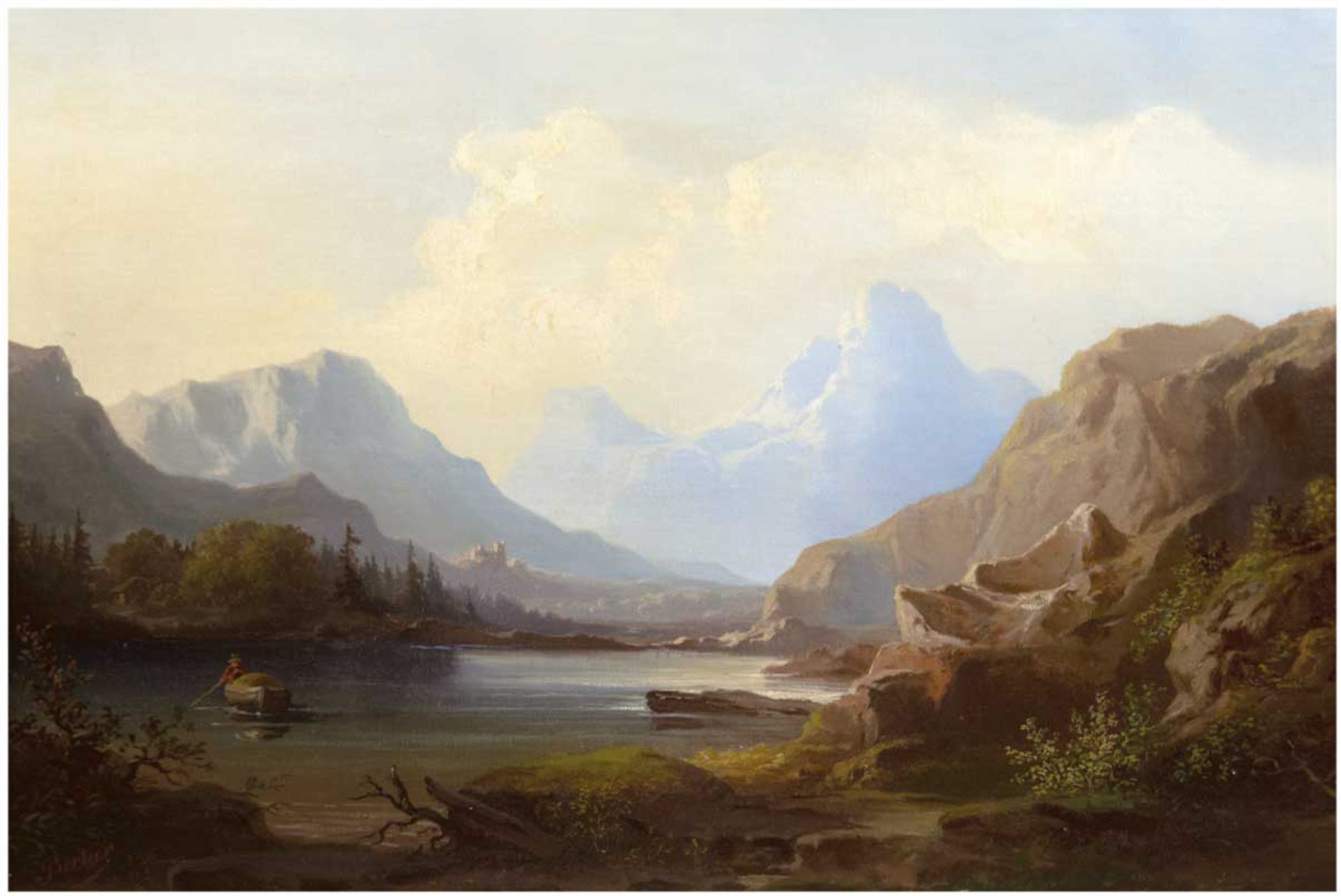 Bertier "Romantische Berglandschaft mit Boot auf dem See", Öl/Lw., sign. u.l., 68x98 cm,Rahmen