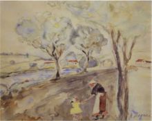 Degner, Arthur (1887-1972) "Bäuerin mit Kind am Feldweg", Aquarell, sign. u.r., 47x59 cm,