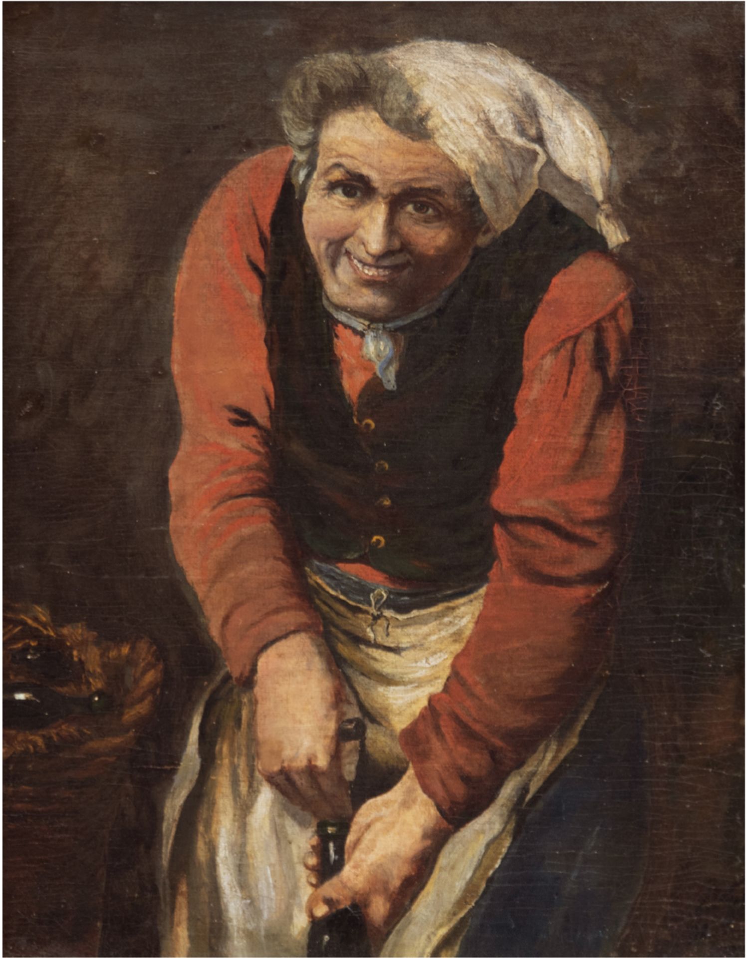 Monogrammist, 19. Jh. "Wirt beim Flasche entkorken", Öl/Lw., undeutl. monogr. u.r., 39x28cm, Rahmen