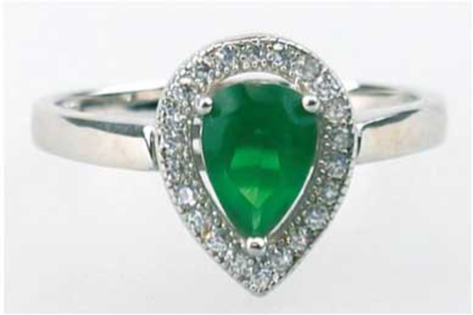 Ring, 925er Silber, rhodiniert, tropfenförmige, smaragdgrüne und weiße Zirkonia, RG 52,