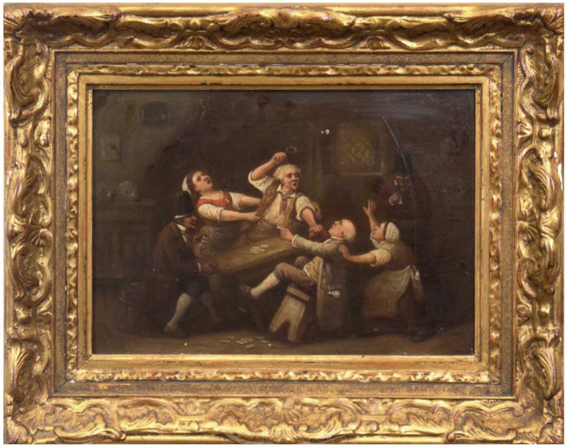 Maler des 19. Jh. "Streit beim Kartenspiel im Wirtshaus", Öl/Holz, unsigniert,Farbkratzer, 22x31 cm,