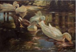 Krüger, E. "Enten auf sommerlichen Teich", Öl/Hartfaser, sign. u.r. und dat. 1914,47,5x67,5 cm,