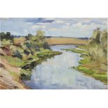 Grusinsky "Weite Landschaft mit Bachlauf", Öl/Mp., sign. u.l., 26,5x35,5 cm, Rahmen