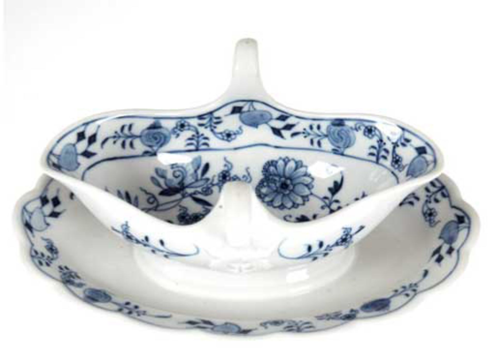 Sauciere auf festem Unterteller, Stadt-Meissen, Teichert, Zwiebelmuster, oval, L. 24 cm