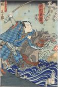 Japan 19. Jh. "Krieger zu Pferd", Farbholzschnitt, fleckig, 37x24 cm, hinter Glas und Rahmen