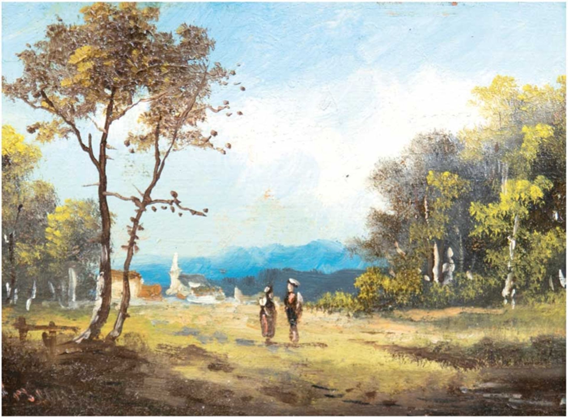 Pendants, 19. Jh. "Landschaft am See" und "Landschaft mit Personenstaffage", Öl/Holzpaneele, unsign - Bild 2 aus 2