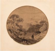 Maler des 19. Jh. "Romantische Landschaft", Zeichnung, im Passepartout mit rundem Ausschnitt, Dm. 2