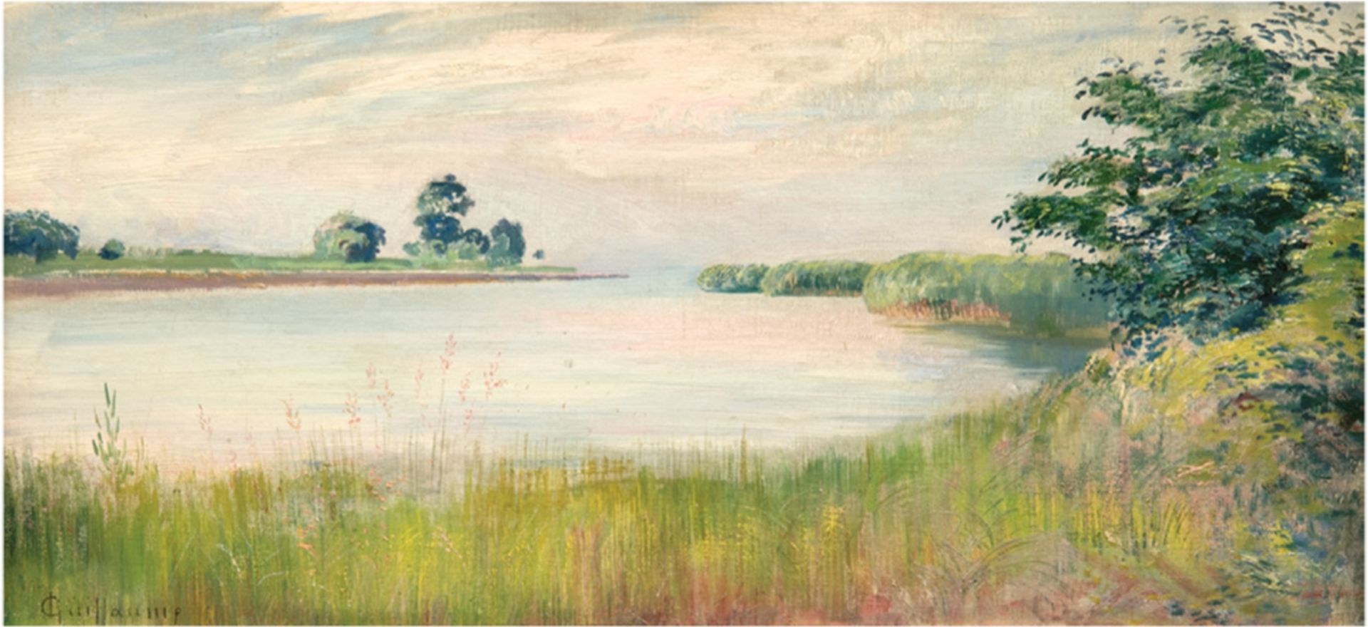 Guillaume, Louis (Schweiz 1865-1942) "Seenlandschaft", Öl/Lw./Mp., sign u.l., 31x62 cm, Rahmen