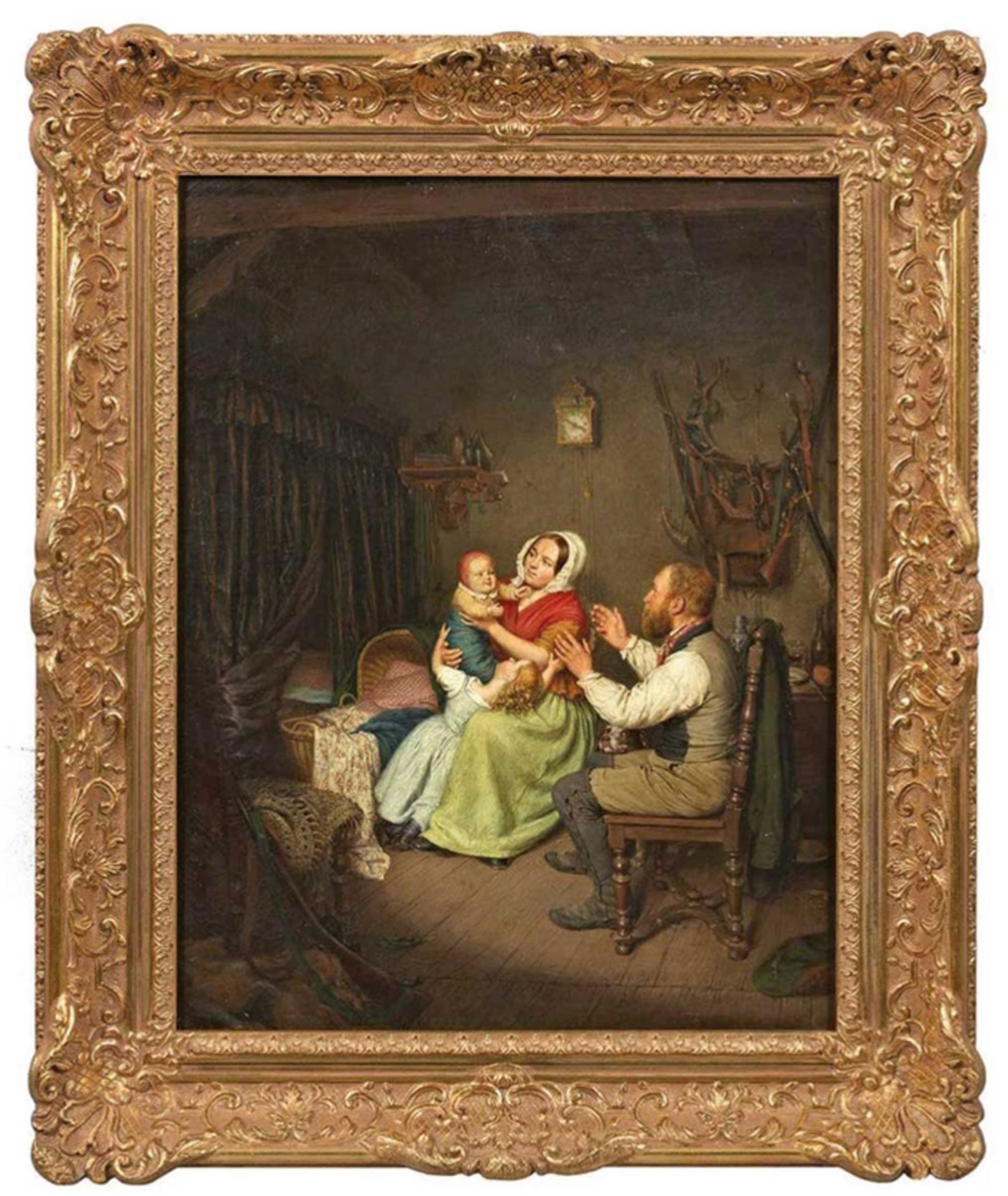 Francken, Theodor (1811 Geilenkirchen bei Aachen-1876 Düsseldorf) "Familienidyll in der Stube", Öl/