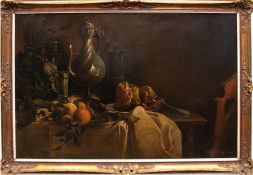 Jacob, Jul. (19. Jh.) "Tischstilleben mit Obst, Pudding und Zinngeschirr", Öl/Lw., signiert u.r., 1
