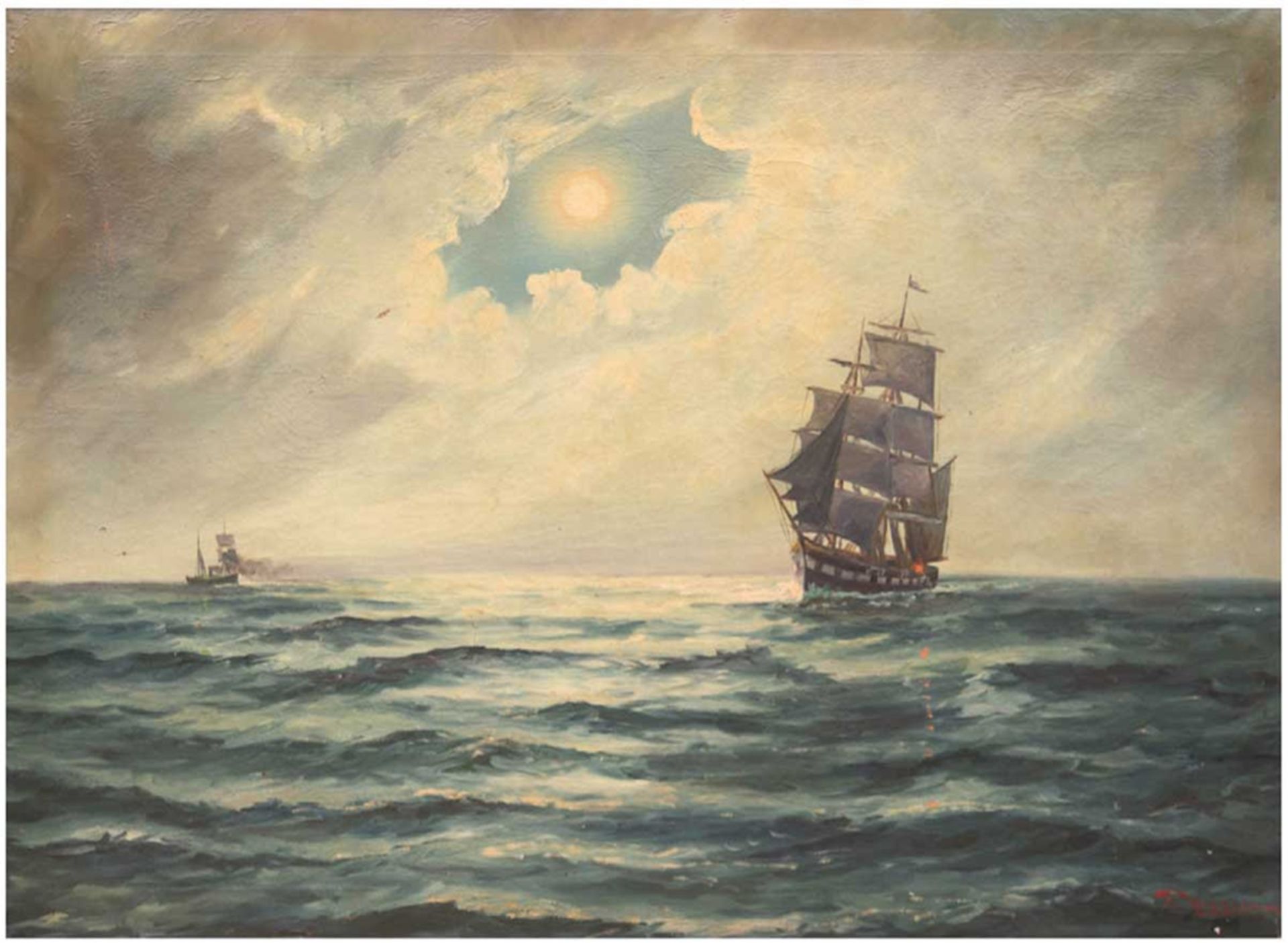 Rygaard, Thorvald (1872-1939) "Segelschiffe in der Abenddämmerung", Öl/Lw., sign. u.r. und dat. 191