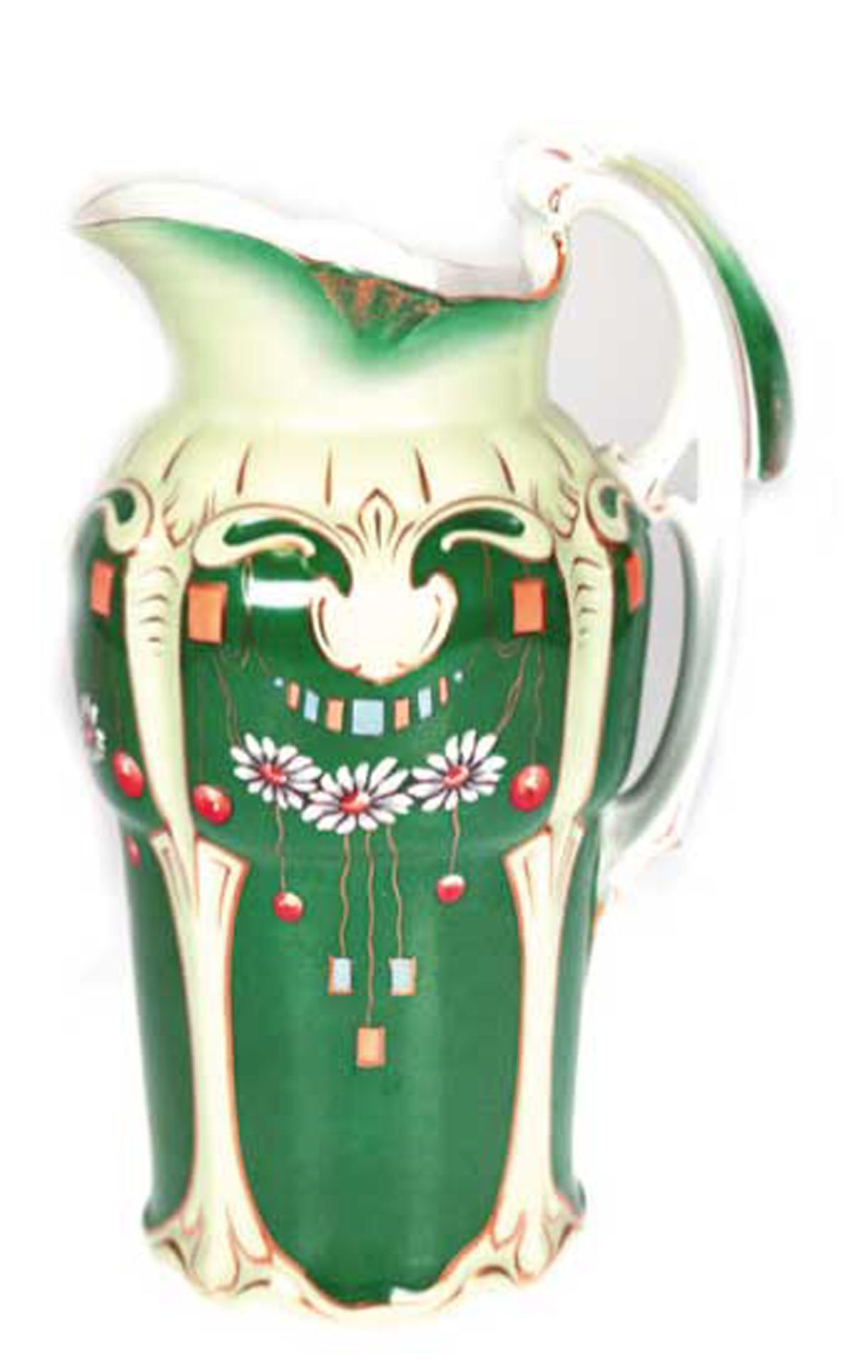 Großer Jugendstil-Wasserkrug, Porzellan, grün, mit polychromer Floral- und Ornamentalmalerei und Go