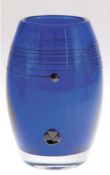 Seltene Vase, Schweden, Johansfors, tonnenförmig,  blaues Glas mit umsponnenem Faden und Nuppe, H. 