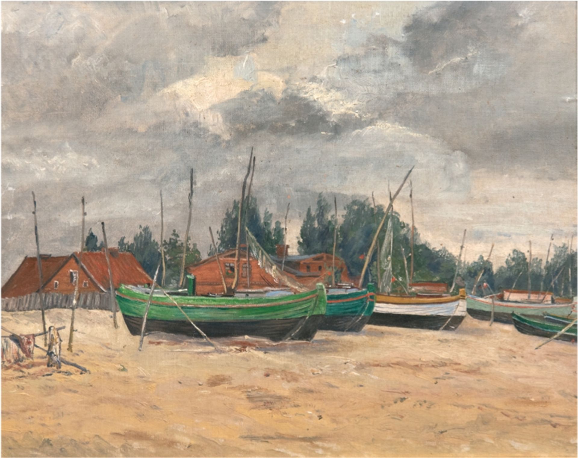 Kühnen, Th. "Fischerboote am Strand bei Brösen", Öl/Lw./Pappe, rückseitig bez., 39x45 cm, Rahmen