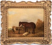 Maler um 1850 "Esel, Pferd und Ziege in weiter niederländischer Landschaft", in der Art von Paulus 