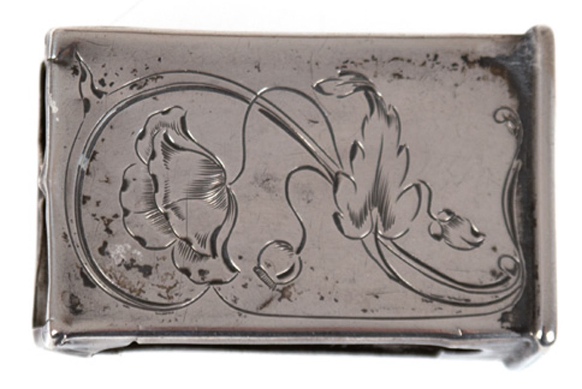 Streichholzschachtelhülle, um 1900, 800er Silber, Schauseite floral ziseliert, Gebrauchspuren, 4,5x