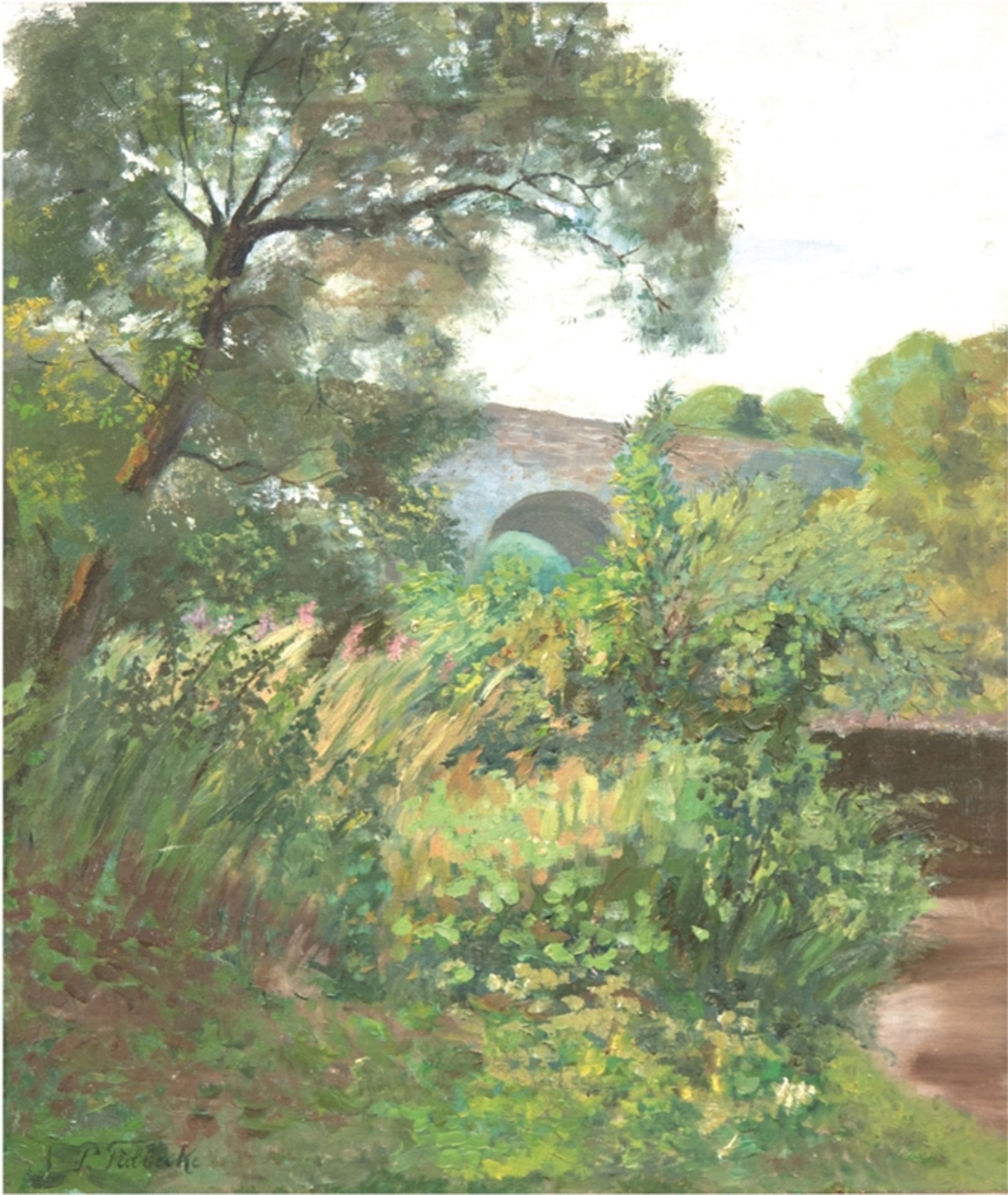 Tübbecke, Paul Wilhelm (1848 Berlin-1924 Weimar) "Brücke in bewaldeter Landschaft", Öl/Lw., sign. u