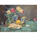 Eibl "Stilleben mit Rosenstrauß in Vase, Früchten und Tasse auf dem Tisch", Öl/Lw., undeutl sign. u