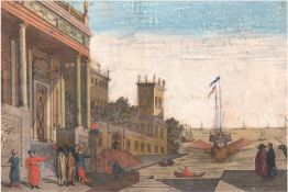 Guckkastenbild "Der Hafen von Neapel und der Königliche Palast", 18. Jh., kolorierter Stich, rücks.