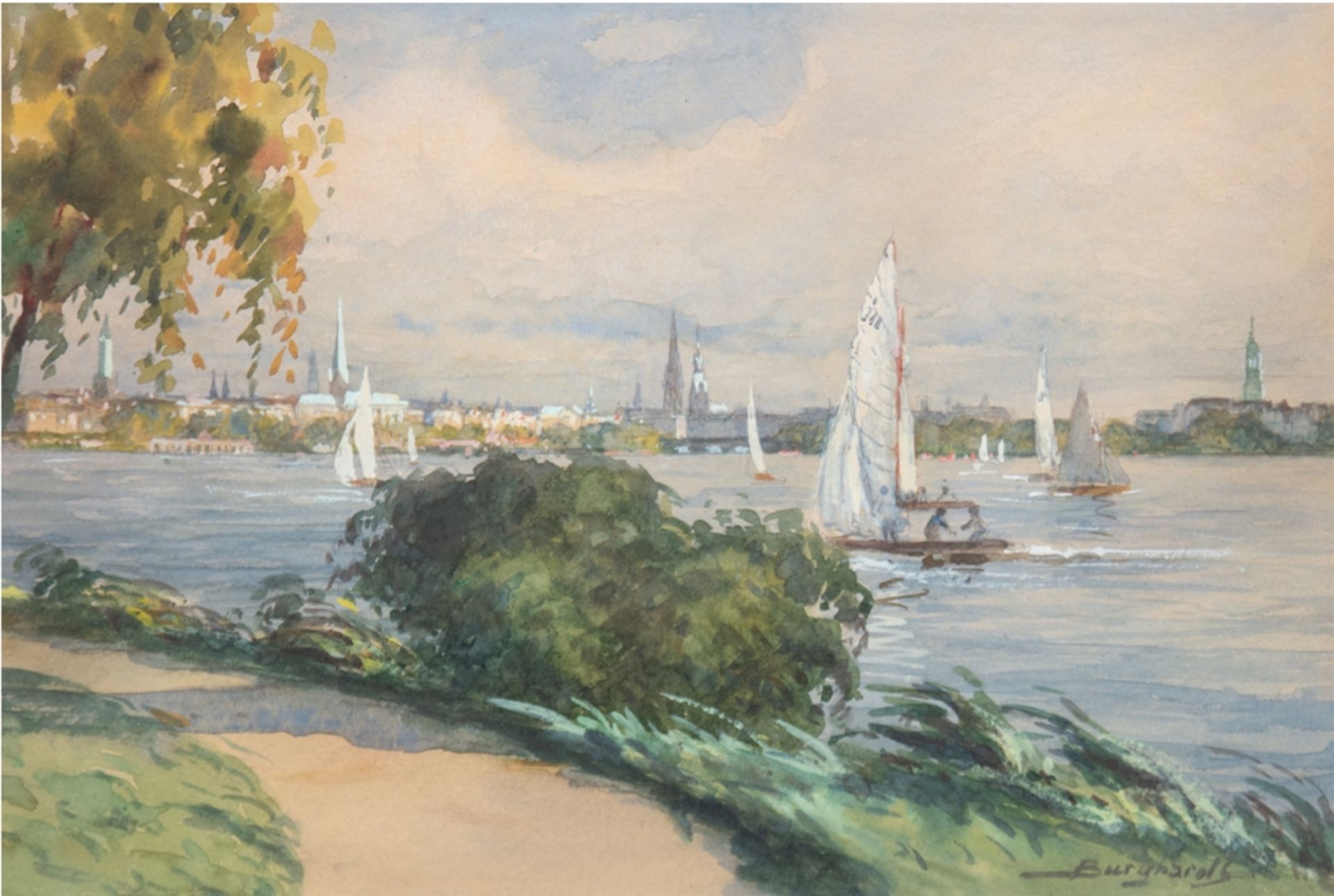 Burkhardt, Hans Gustav (1904 Basel-1994 Los Angeles) "Binnenalster in Hamburg", Aquarell, sign. u.r