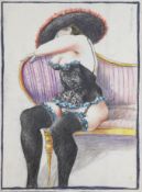 "Weiblicher sitzender Akt in Dessous", Zeichnung, undeutl. sign. o.r., 38x28,5 cm, ungerahmt