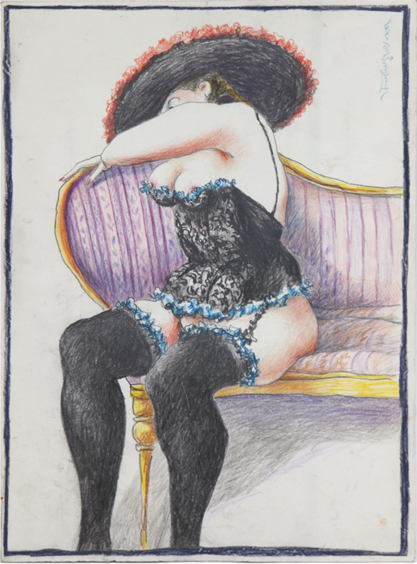 "Weiblicher sitzender Akt in Dessous", Zeichnung, undeutl. sign. o.r., 38x28,5 cm, ungerahmt