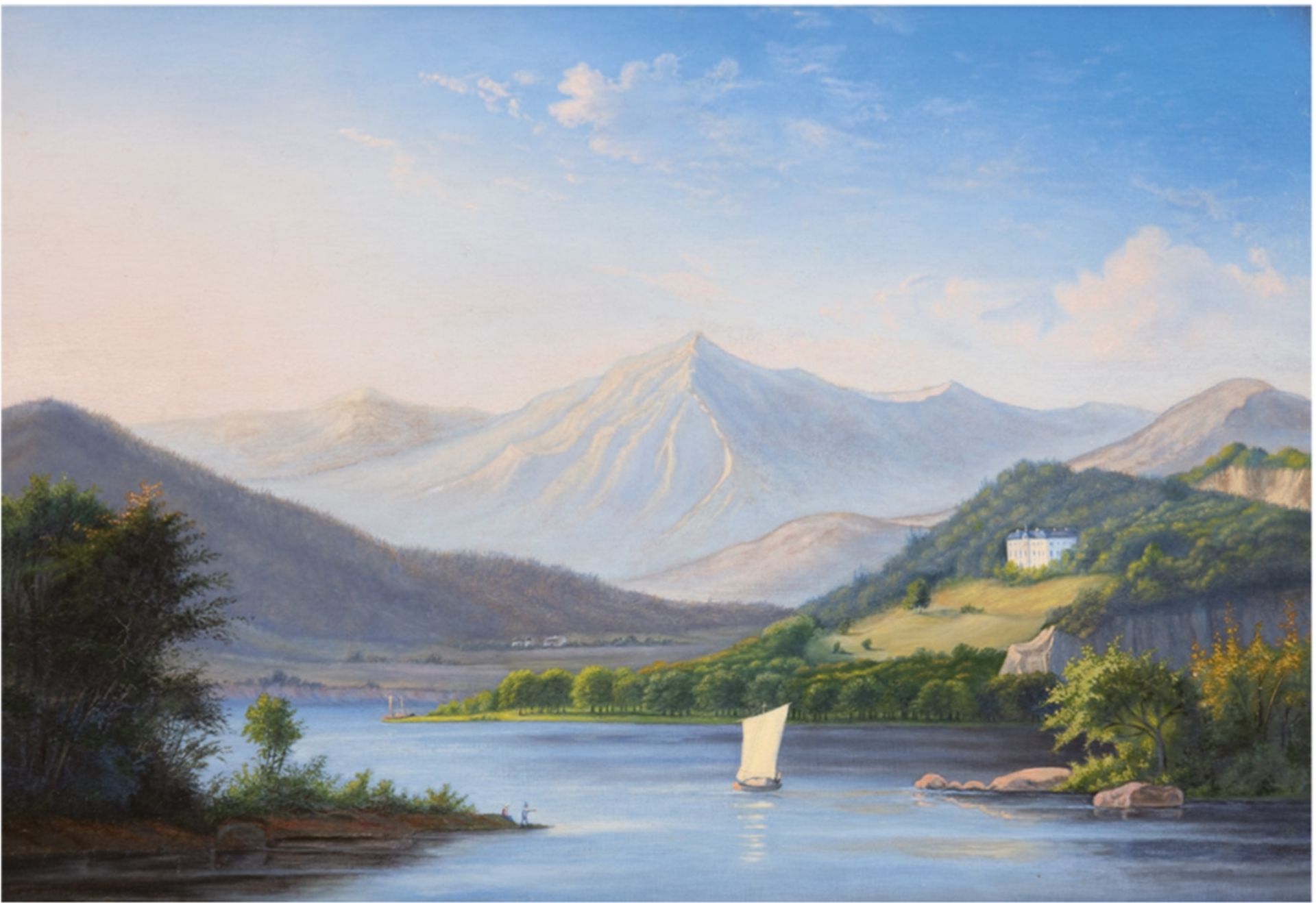Maler des Ende 19. Jh. "Schloss über einem Bergsee", Öl/Lw., unsign., 37,5x49 cm, Rahmen
