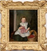 Biedermeier-Maler "Porträt eines Mädchens mit Puppe", Öl/Lw., unsign., 22x18 cm, Rahmen