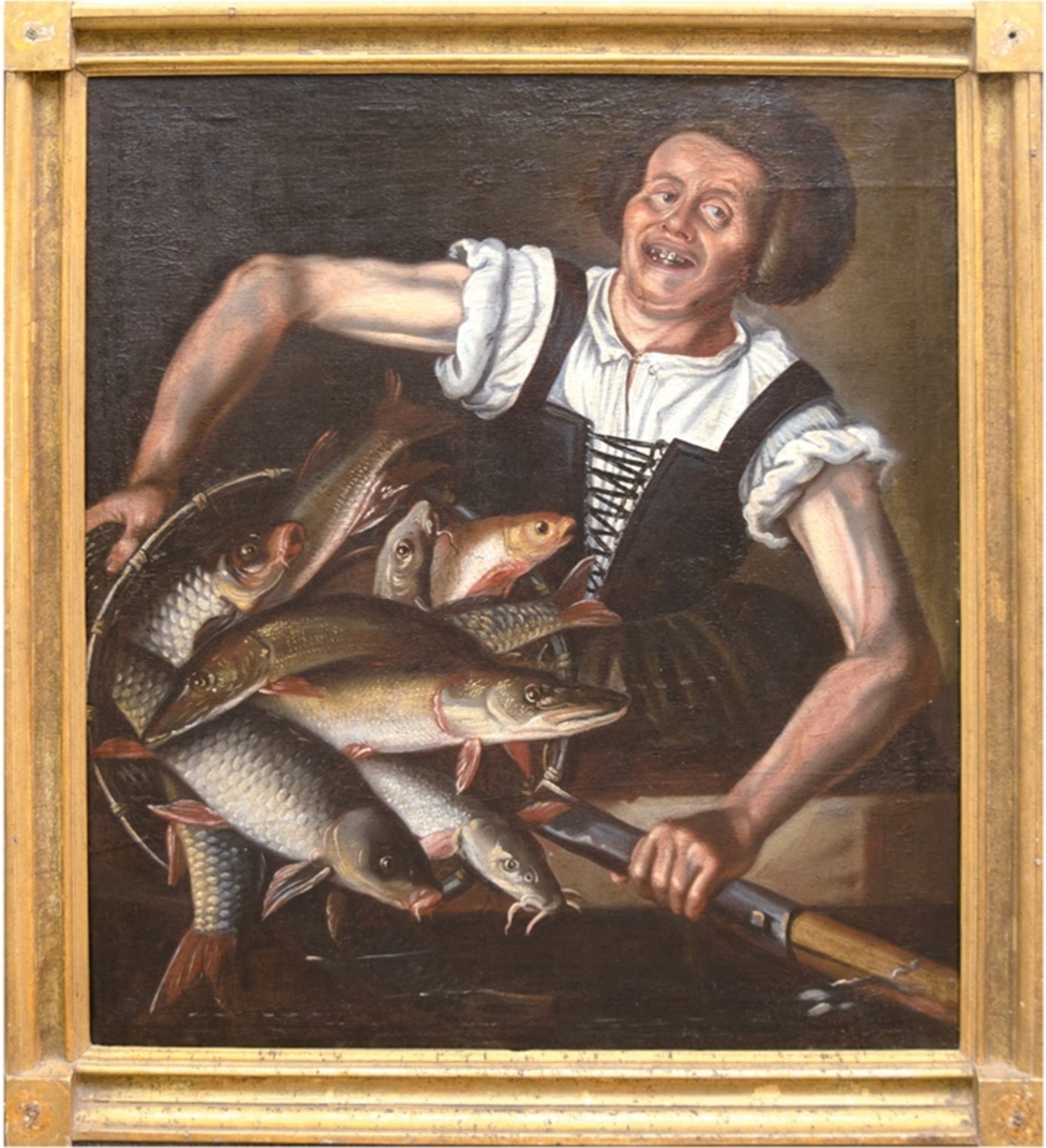Maler des 17./18. Jh. "Fischersfrau mit ihrem Fang", Öl/Lw., doubliert, unsign., 114x96 cm, Rahmen