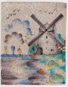 Art-Deco-Kachel "Windmühle am Ufer", Fritz Hudler, unsign., polychrome Bemalung mit Craquelé, 25x20