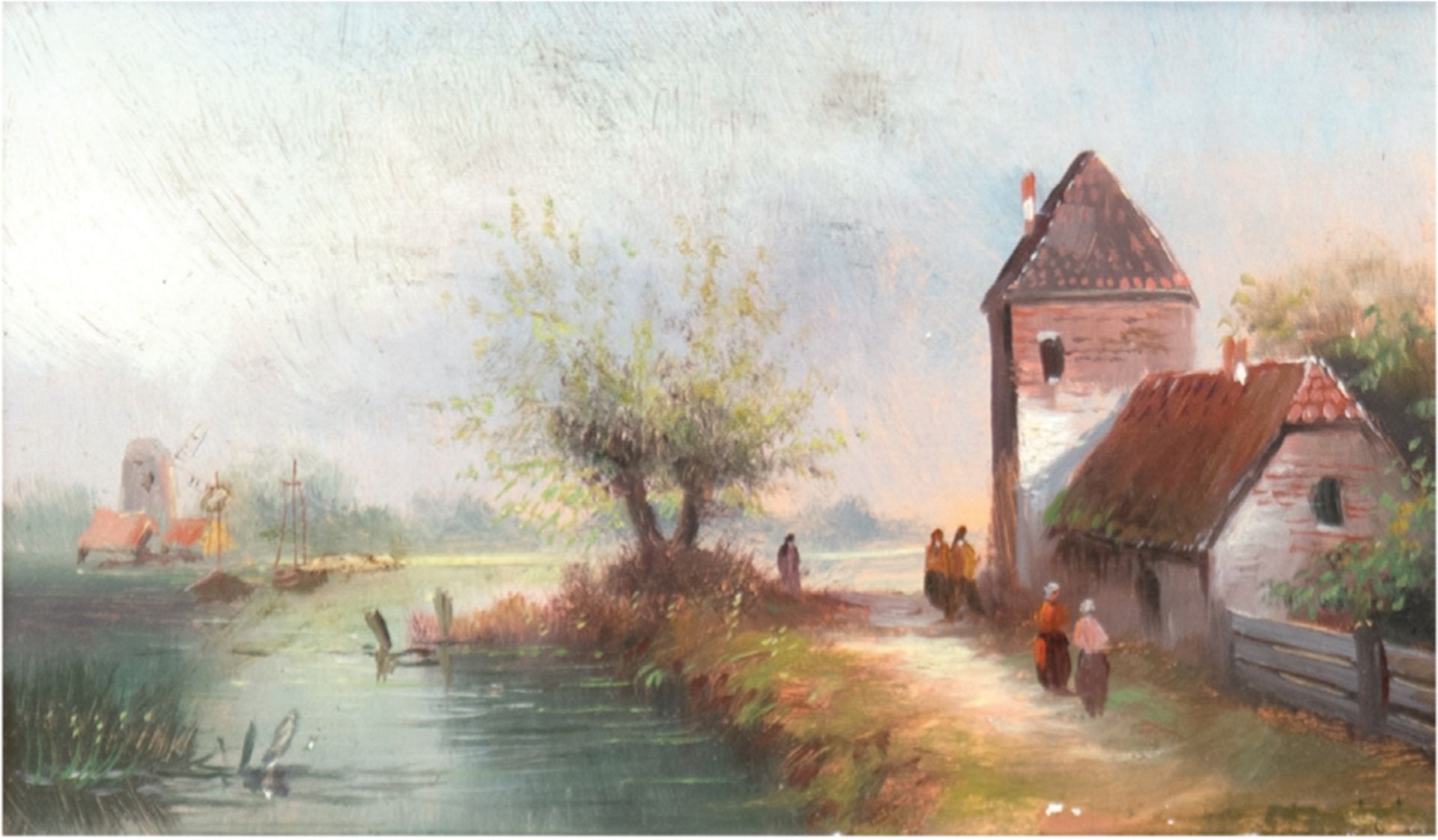 Holländischer Maler um 1900 "Hölländische Polderlandschaft mit Häusern und Personen", Öl/Karton, un