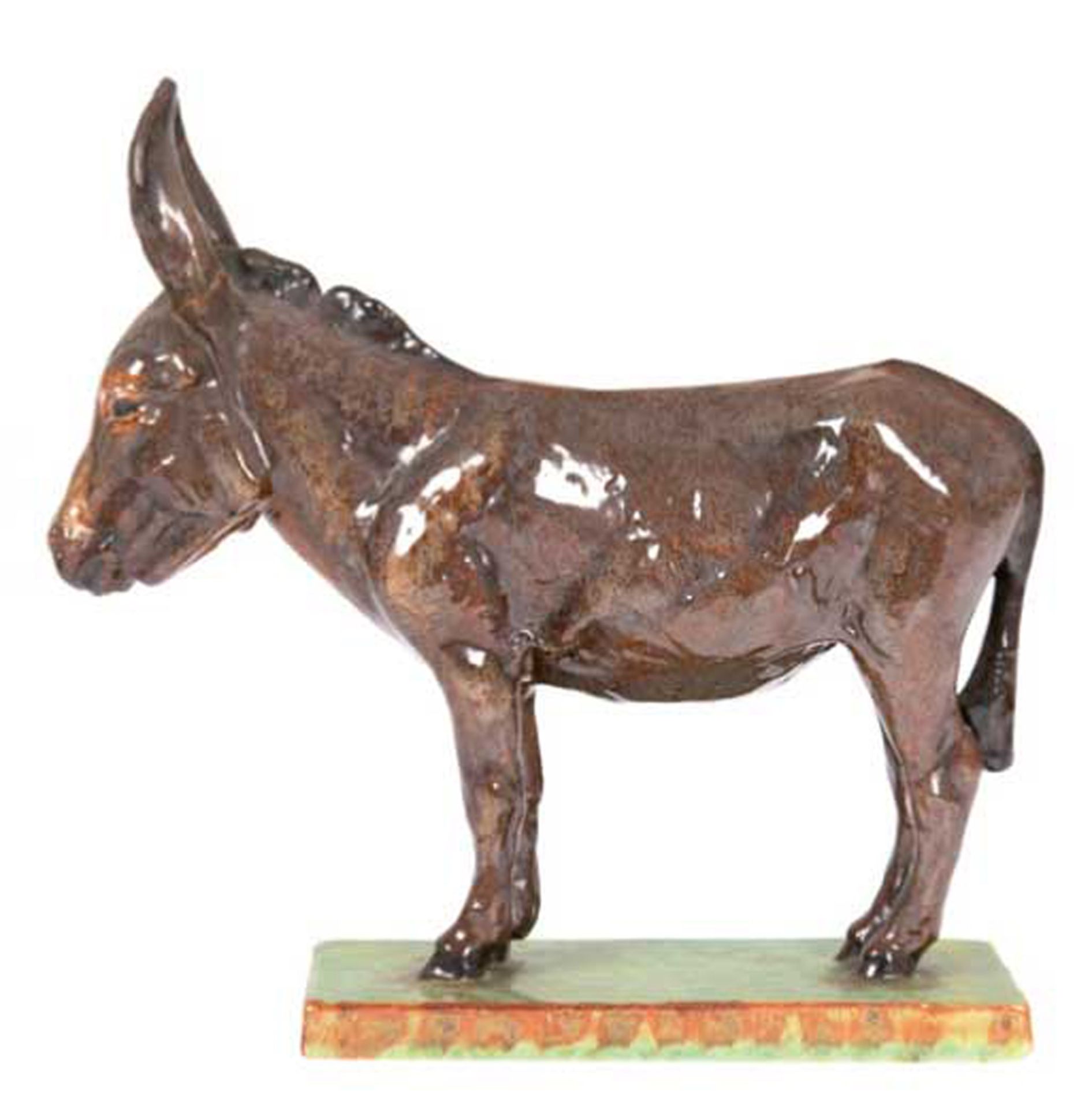 Keramikfigur "Esel", Cadinen, farbig bemalt und glasiert, Ohren restauriert, H. 25 cm, L. 26 cm