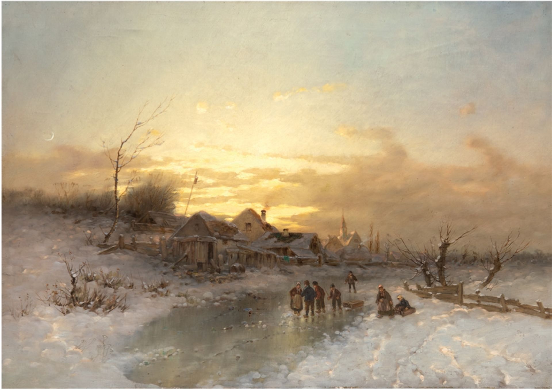Holländischer Maler des 19. Jh. "Abend auf dem Eis", Öl./Lw., unsign., 55x75 cm, Rahmen