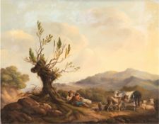 Mahlknecht, Edmund Umkreis um 1850, "Hirten mit Vieh im Gebirge", Öl/Lw./Hf., unsign., 42x49 cm, Ra