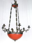 Empire-Deckenlampe, Metallguß und Blech, rot gefaßt bzw. bronziert, Schalenform an 3 Ketten, 6 flor