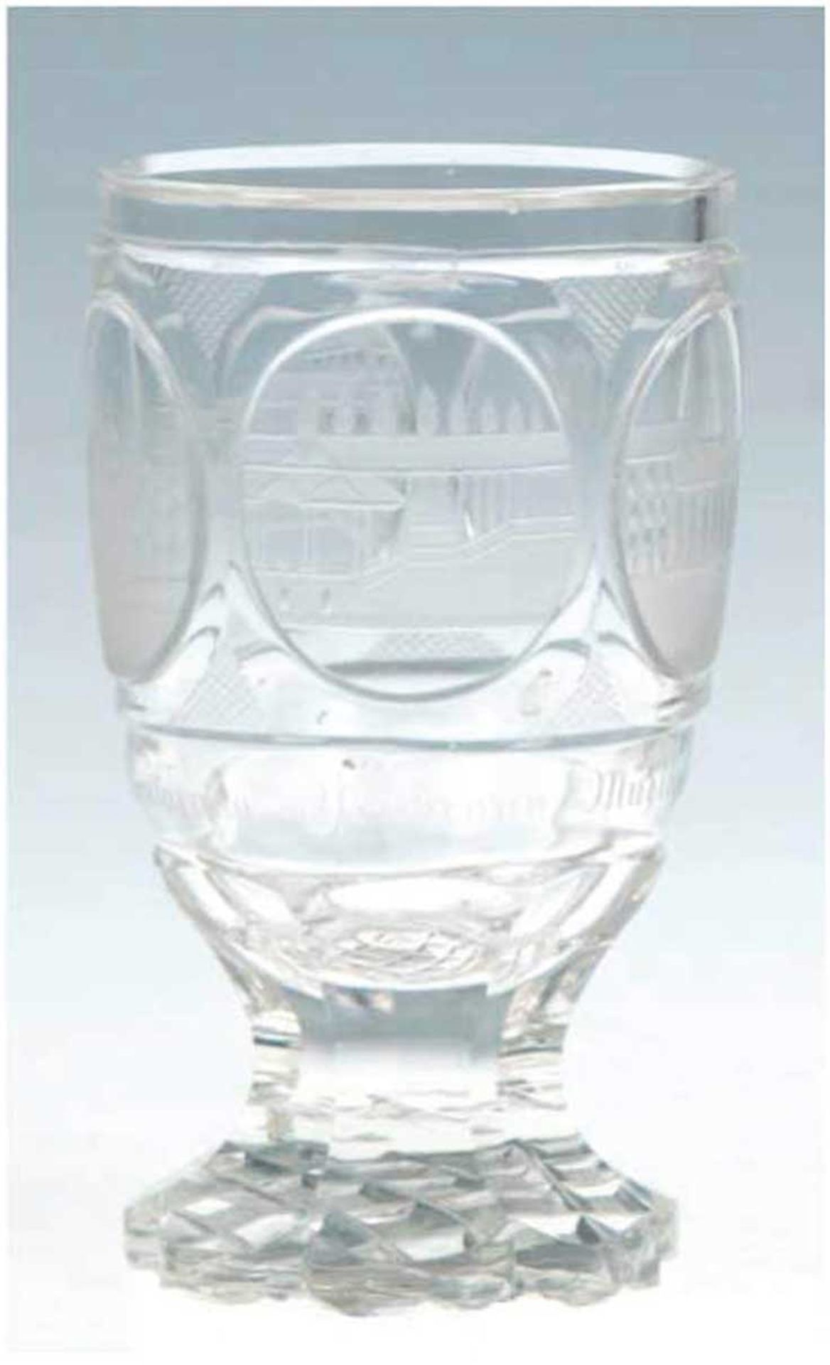 Biedermeier-Becher, um 1840, farbloses Glas mit 4 feingeschnittenen Ansichten Böhmischer Bäder, ein