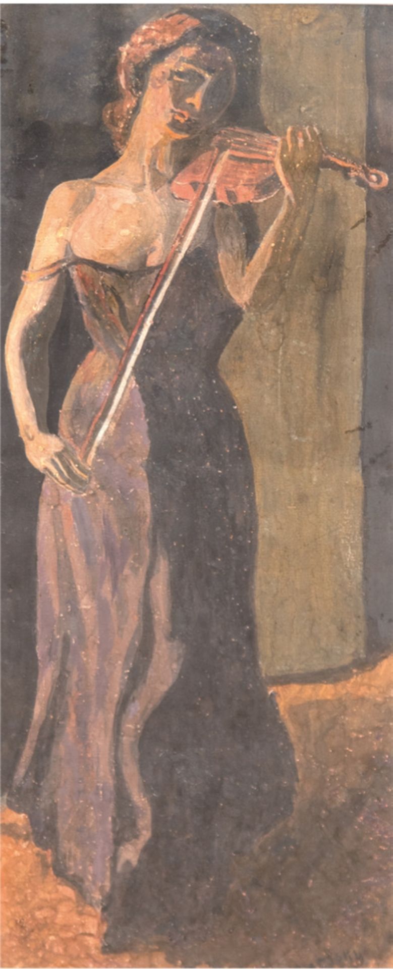 Französischer Maler um 1900 "Violinespielerin", Gouache, 46x17 cm, im Passepartout hinter Glas und