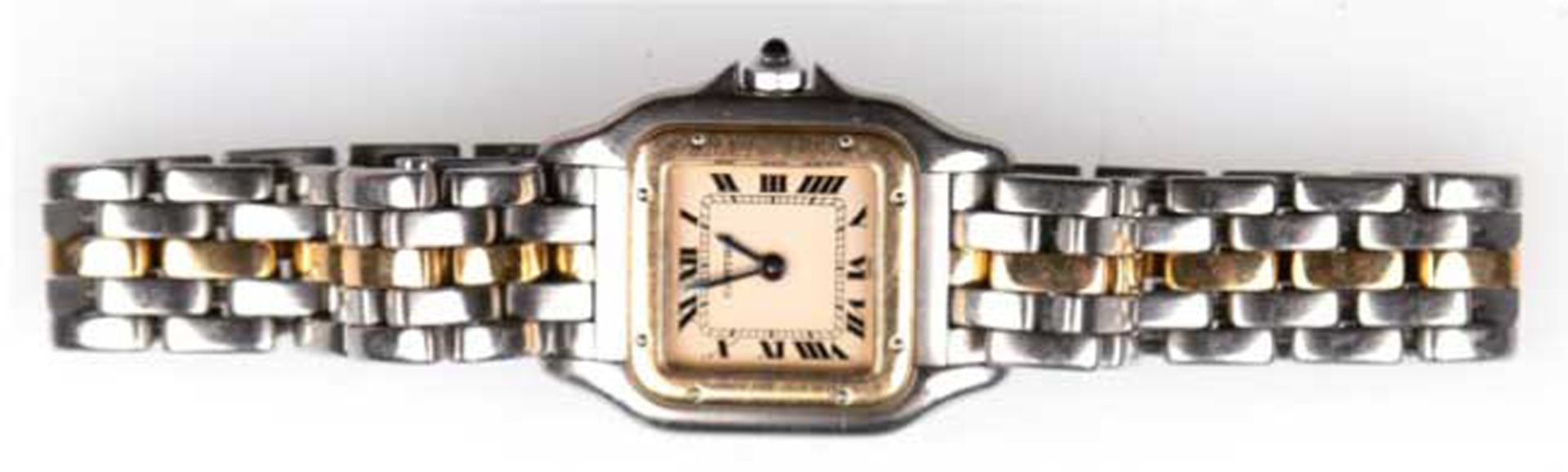 Damenarmbanduhr "Cartier", quadratisches Edelstahlgehäuse mit 750er vergoldeter Lünette, Quarzwerk,