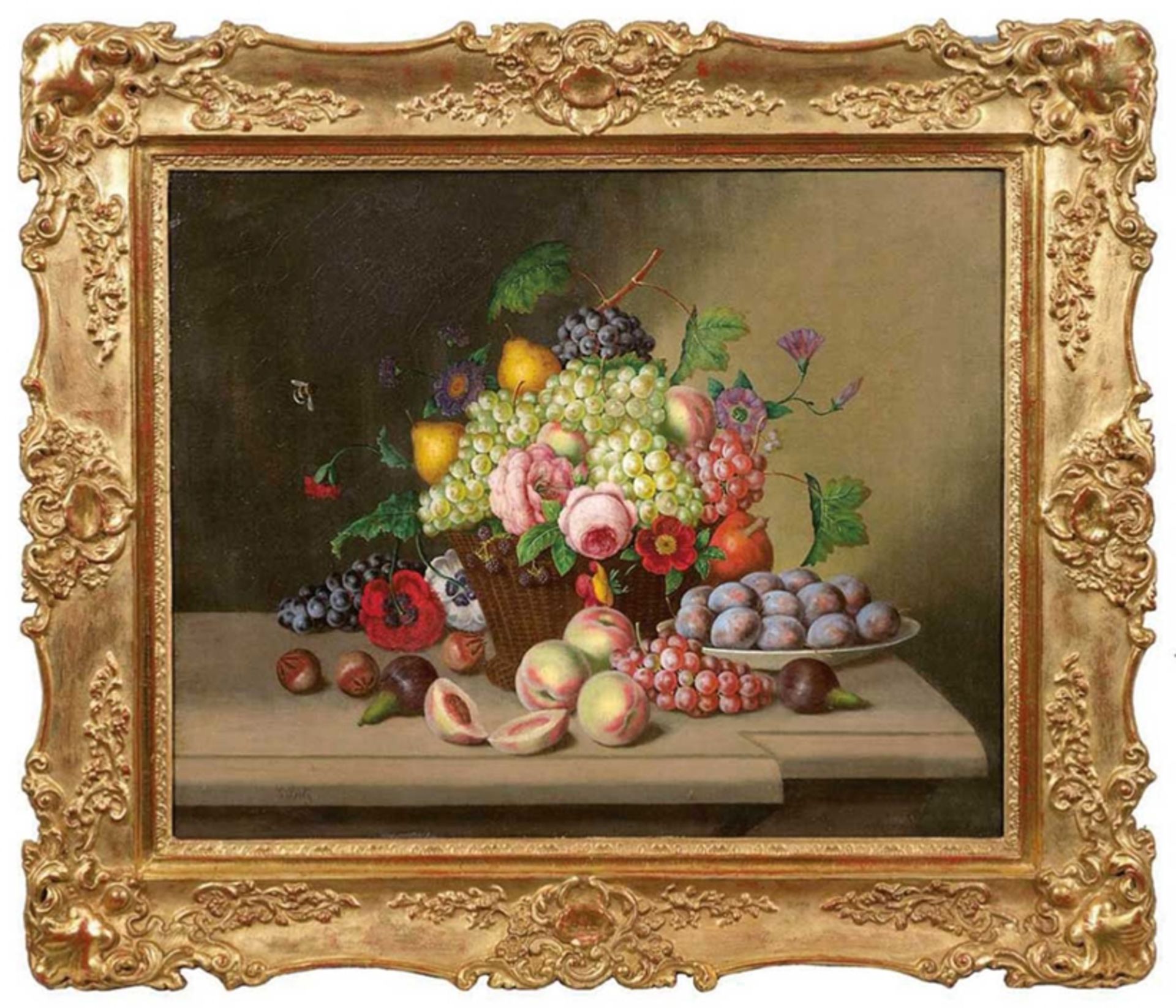 Seitz, Georg Johann (1810 Nürnberg-1870 Wien) "Stilleben mit Blumen und Früchten mit Weidenkorb", Ö