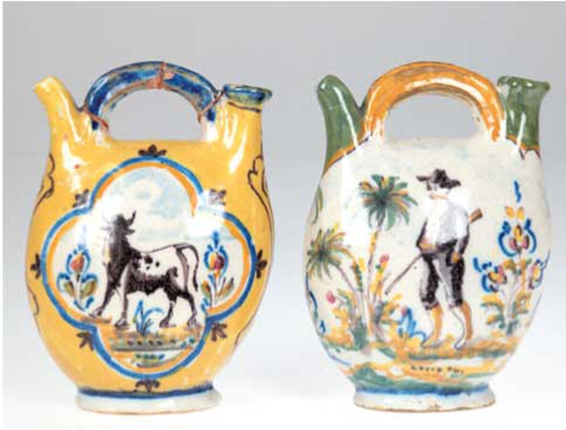 2 Öl-Kännchen, 19. Jh., Keramik, polychrom bemalt mit Jäger und Schiff bzw. mit Stier und Hase jage