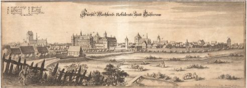 Merian, Caspar "Fürstl. Mecklenburg Residenz Stadt Güsterow", Kupferstich, 15x35 cm, im Passepartou