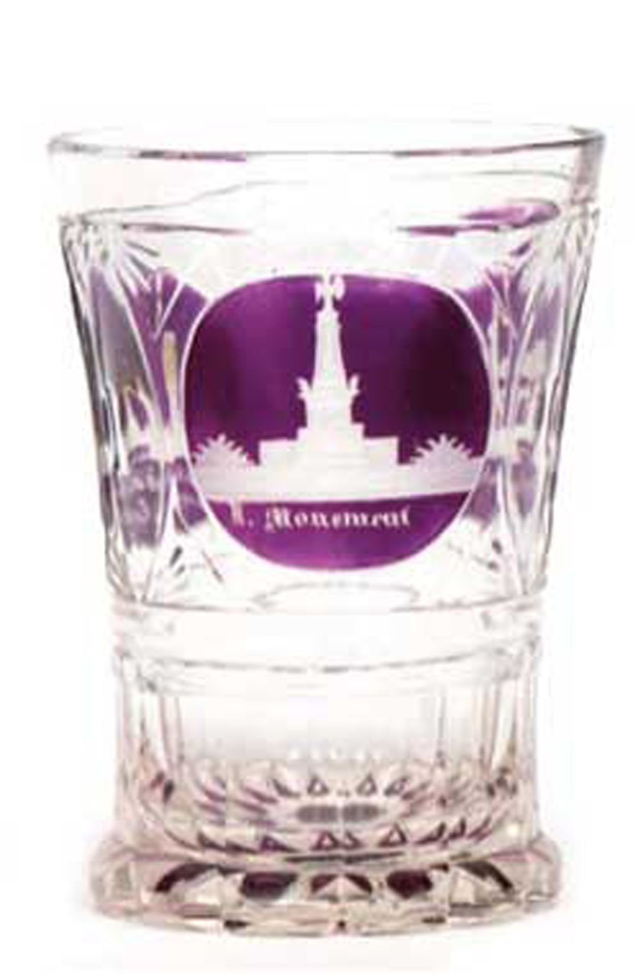 Biedermeier-Glas, Klarglas mit Facettenschliff, purpur farbene Medaillion mit 3 Ansichten preußisch