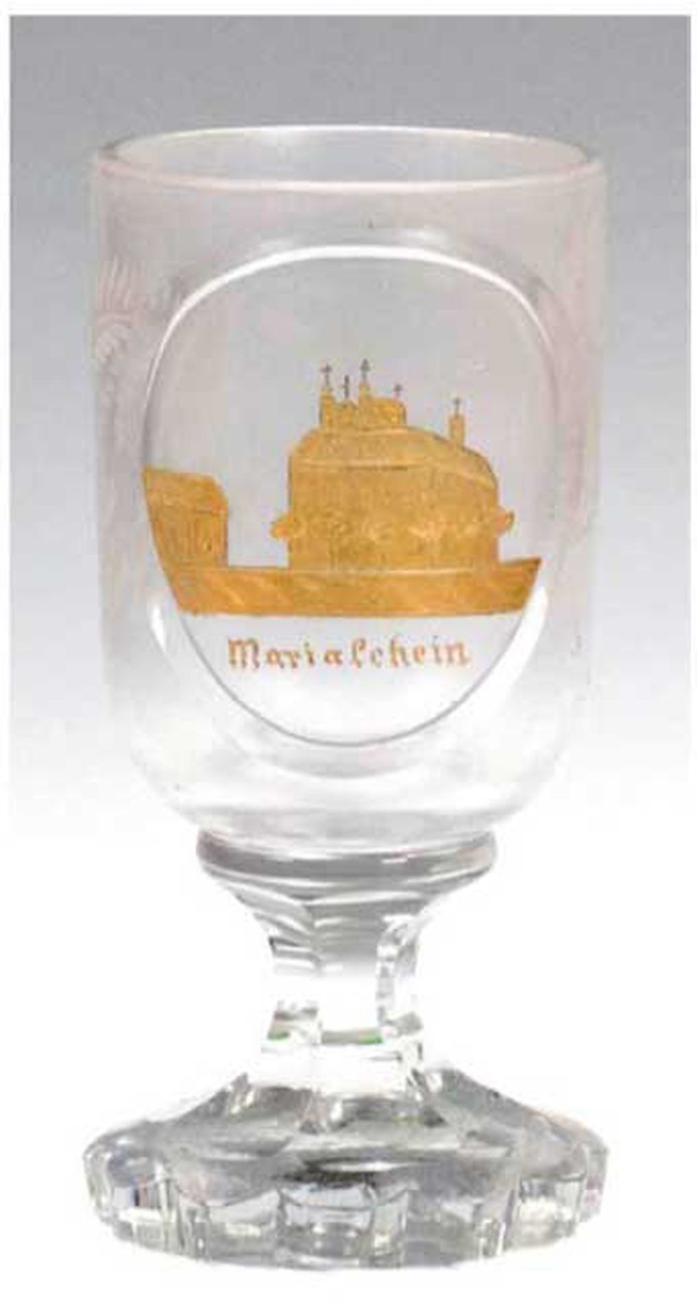 Ansichten-Fußbecher von Mariaschein, Böhmen Mitte 19. Jh., farbloses Glas, Schliff- und Schnittdeko