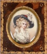 Miniatur "Damenporträt mit Federhut", 19. Jh., Öl/Bein, monogr. "S.Fe." u.r., oval, hinter gewölbte