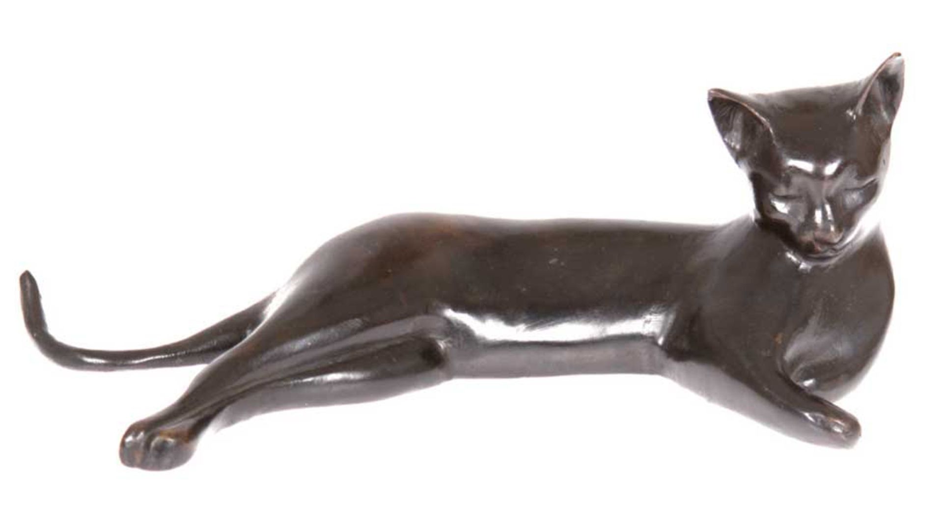 Bronze-Figur "Liegende Katze", braun patiniert, H. 11,5 cm, L. 28 cm