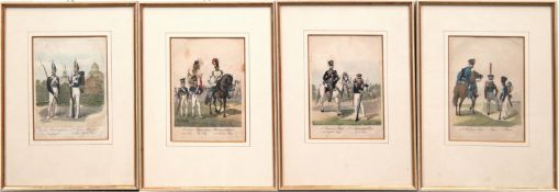 4 Lithographien, dabei "Husaren Regiment, Jäger, Pionier", "Husaren Reg. u. Infanterie Reg.", "Hobo