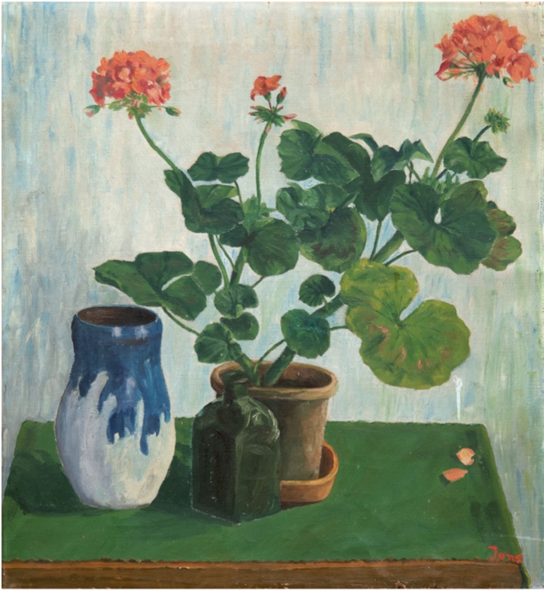 Jøns "Stilleben mit Geranientopf und Vase", Öl/Lw., sign. u.r., 52x45 cm, ungerahmt