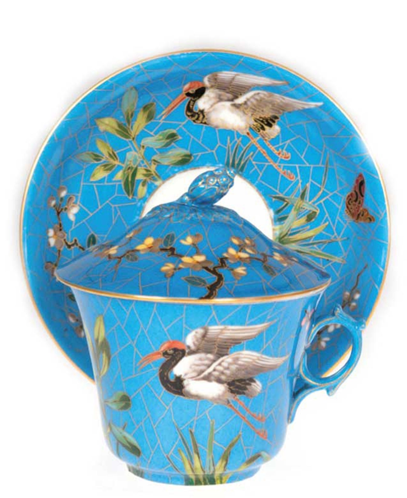 Deckeltasse mit UT, China, polychrom bemalt, Blütenzweige, Insekten und Vögel auf blauem Grund, gol