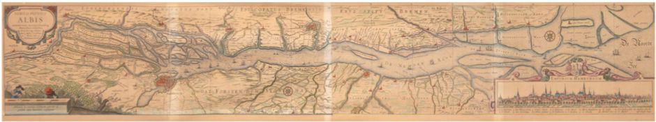 "Elbkarte von Hamburg bis zur Mündung in die Nordsee ", kolorierter Kupferstich, unten rechts eine 
